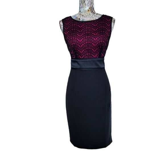London Times Dark Pink & Black Abstract Lace Top Color Block Short Dress NEW - Picture 11 of 11